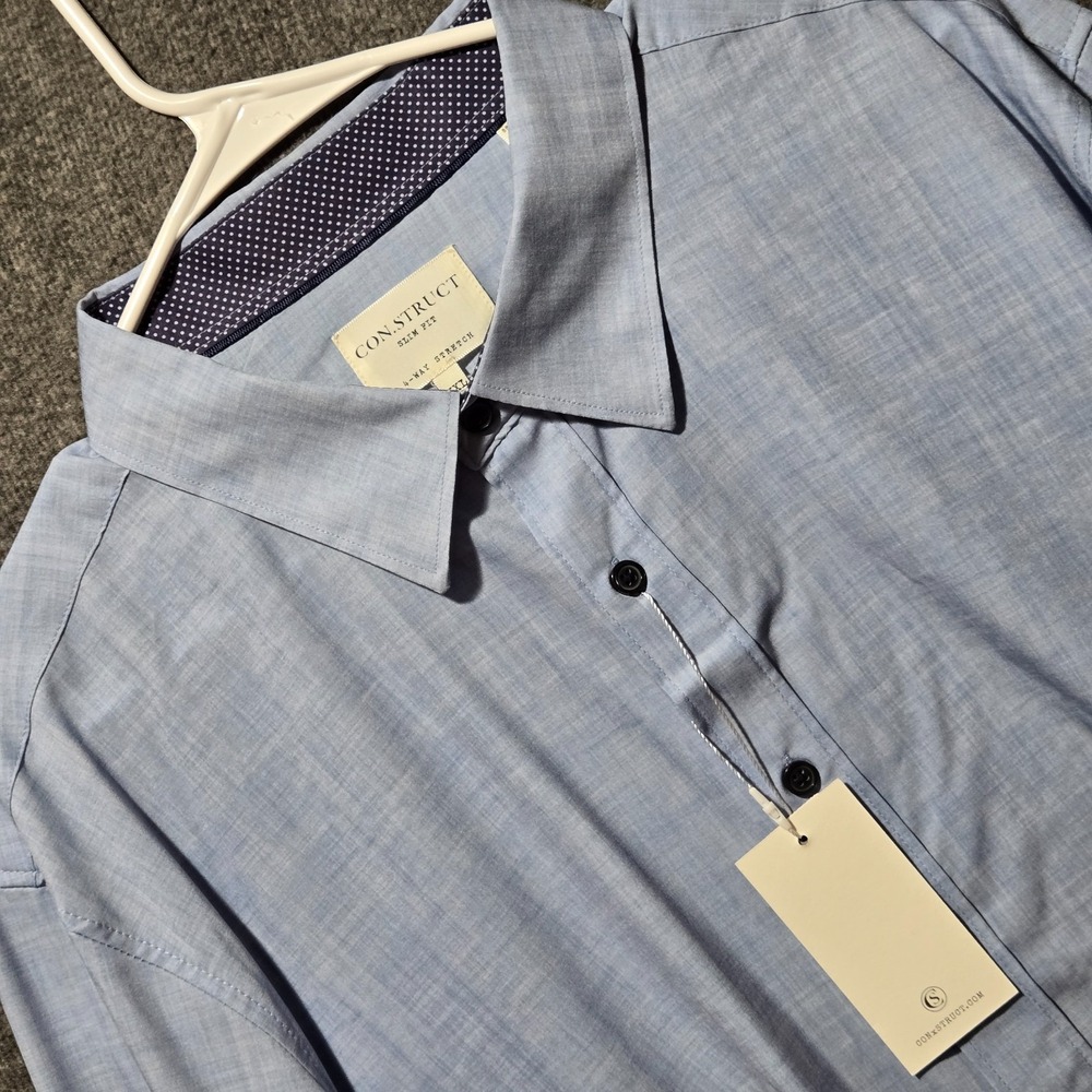 NEW Construct Shirt Mens XXL Chambray Blue Slim Fit 4-Way Stretch Poly Flip Cuff